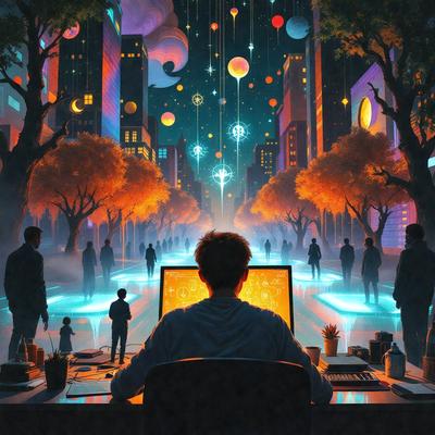 The primary subject of the image is a man sitting at a desk, working on a laptop. The setting is a city street at night, with a backdrop of a city skyline. The visual style is a digital art or illustration, creating a vibrant and lively atmosphere. The colors are predominantly blue and orange, with the blue of the night sky and the orange of the city lights. The mood of the image is energetic and dynamic, capturing the essence of a bustling urban environment.